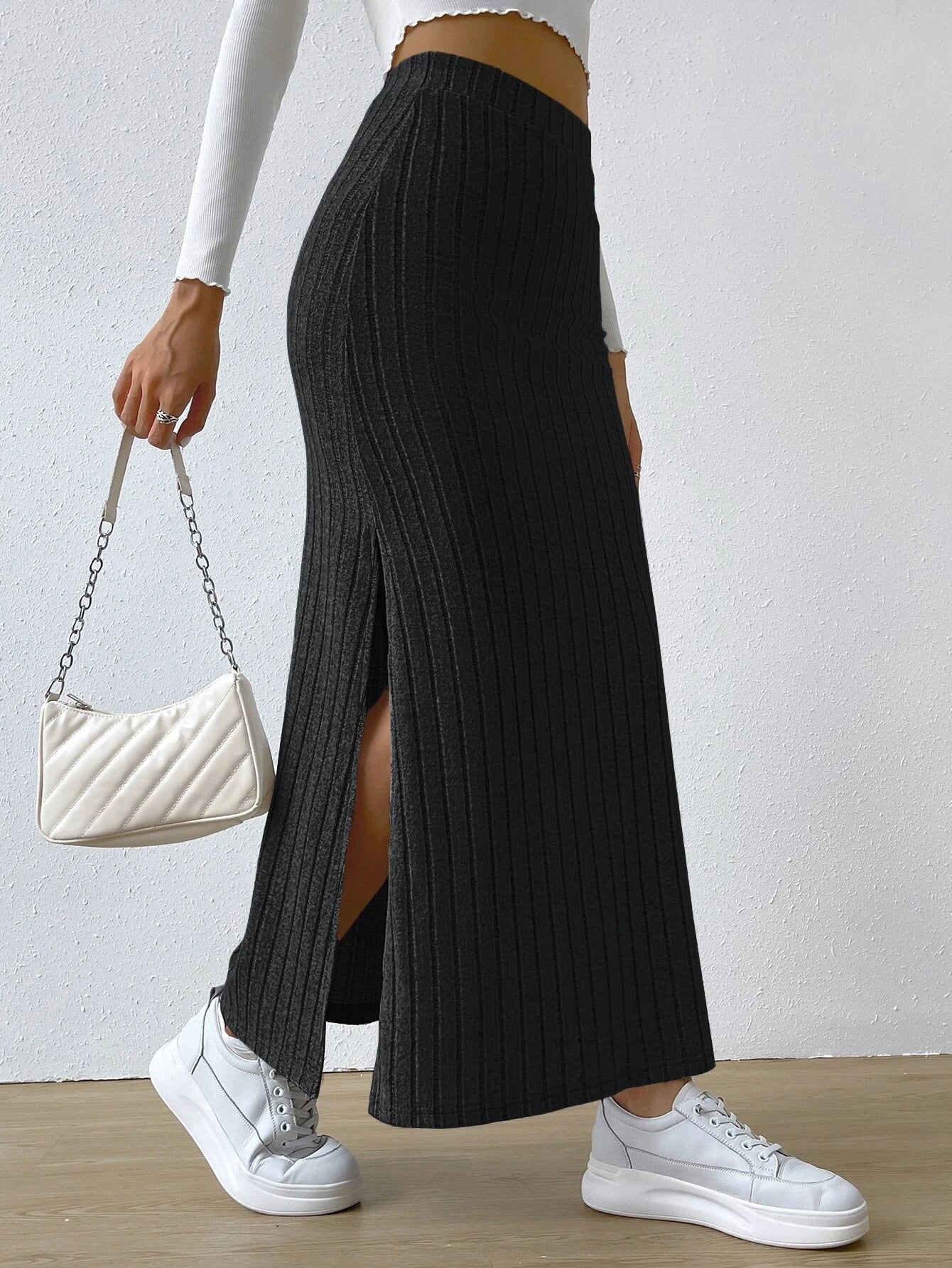 Women's Long Ribbed Knit Skirt with Side Split and Elastic Waistband Ivyshape