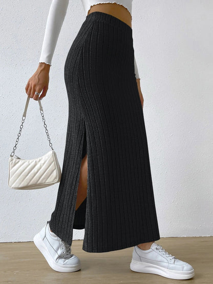 Women's Long Ribbed Knit Skirt with Side Split and Elastic Waistband Ivyshape