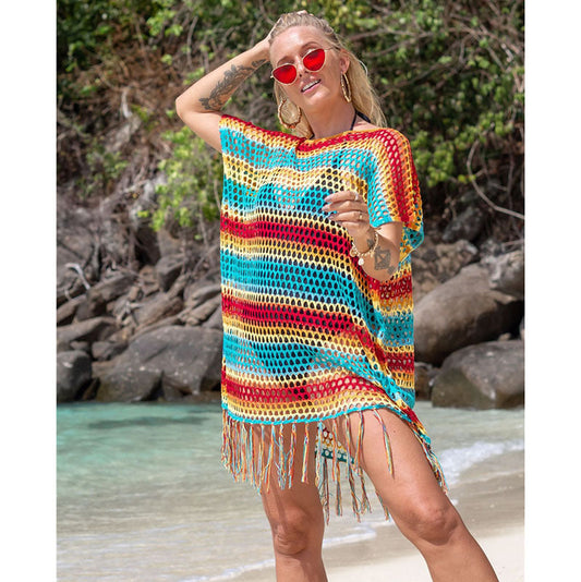 Ladies Net Beach Cover-Up with Colorful Fringe Ivyshape