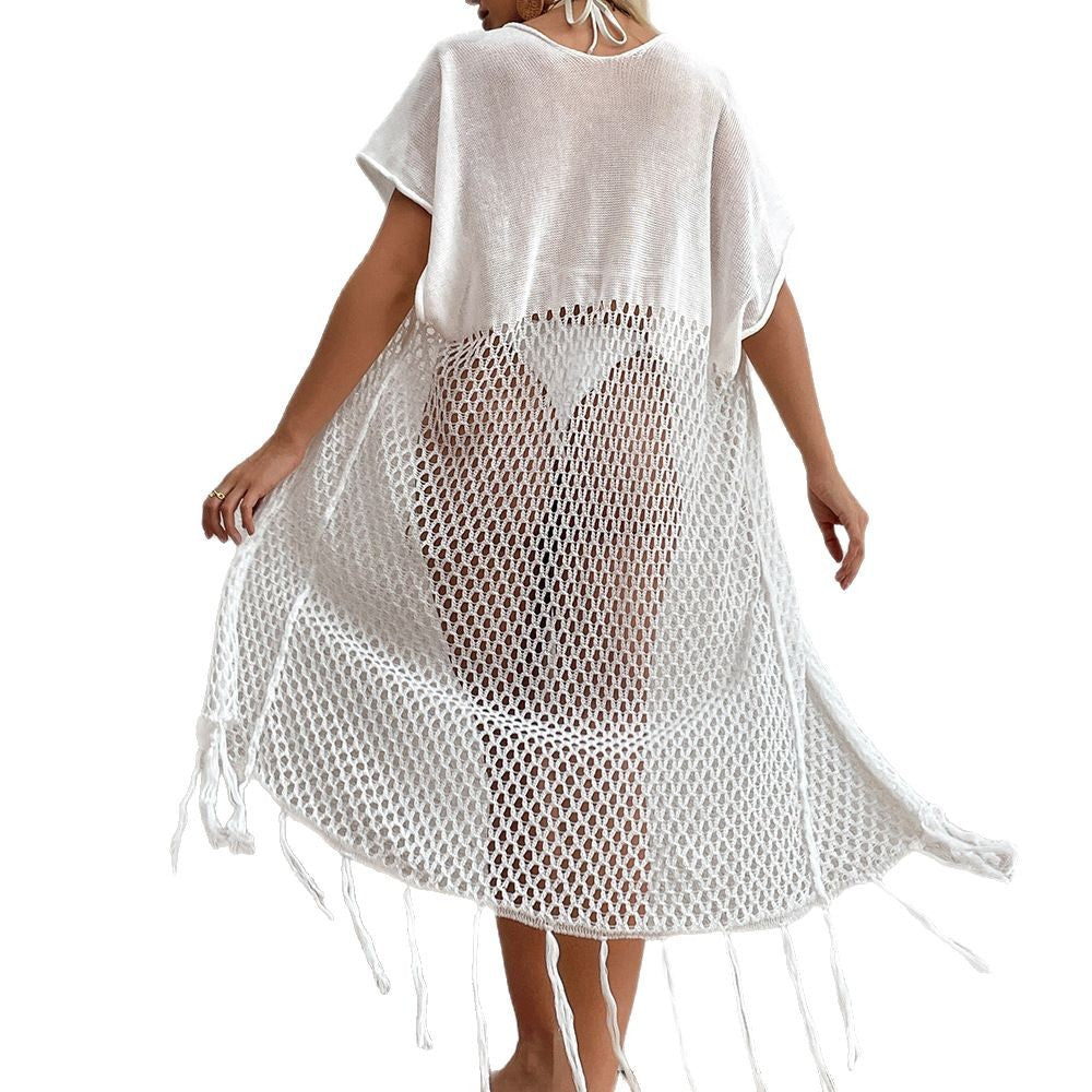 Women's transparent beach cover-up with fashionable crochet structure and fringes Ivyshape