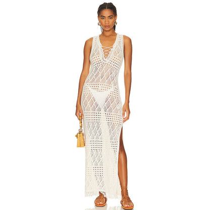 Women's airy crocheted beach cover-up with deep V-neckline and fringed hem Ivyshape