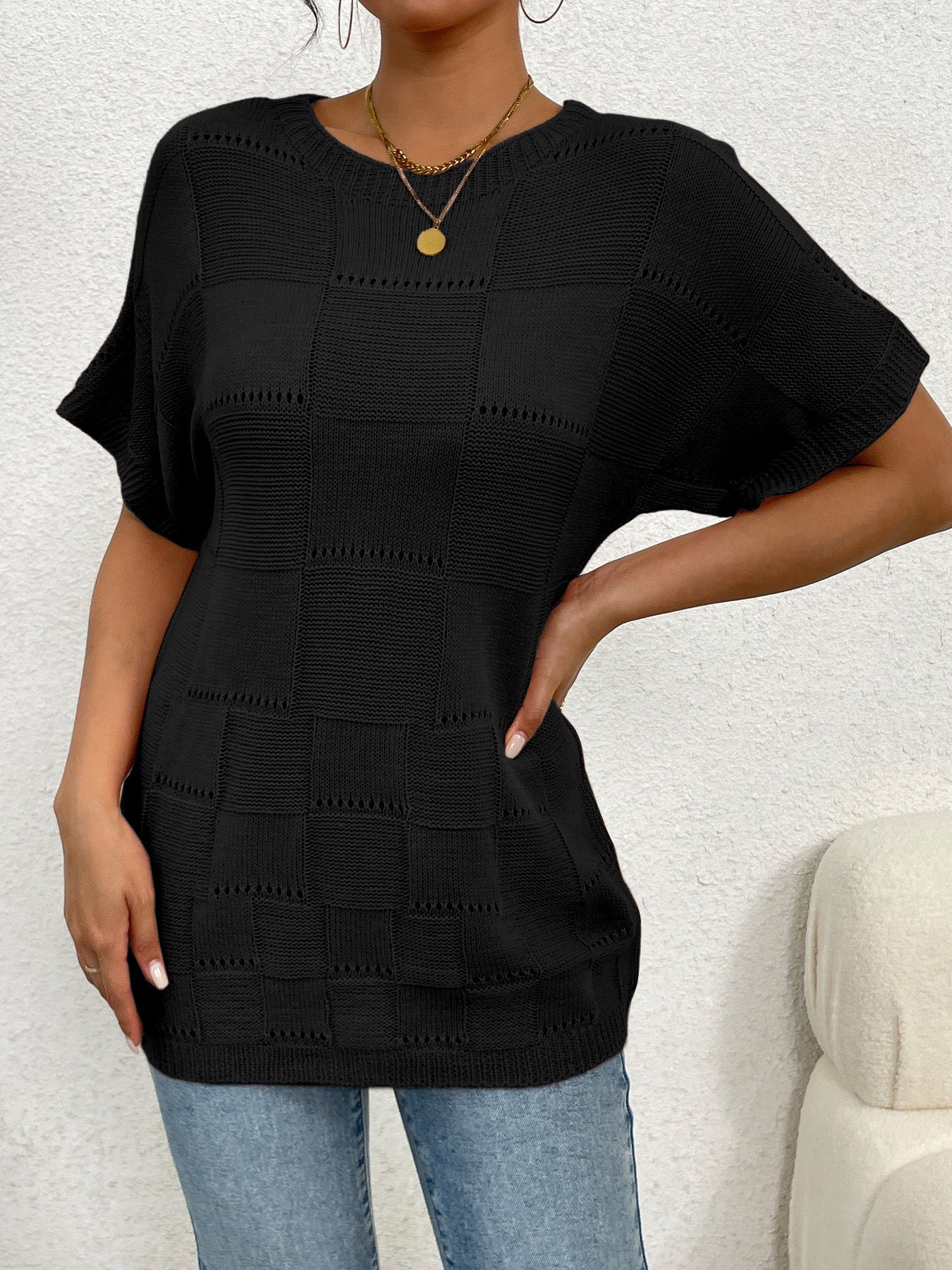 Women's casual knit top with unique hole pattern and wide-cut sleeves Ivyshape