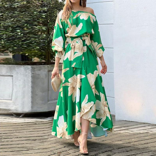 Women's maxi dress with asymmetrical hem and elegant puff sleeves Ivyshape