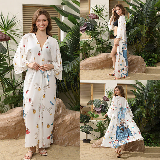 Women's beach cover-up with floral design and side lacing Ivyshape