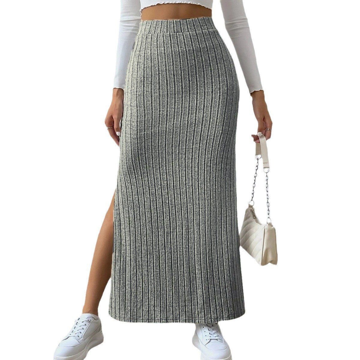 Women's Long Ribbed Knit Skirt with Side Split and Elastic Waistband Ivyshape