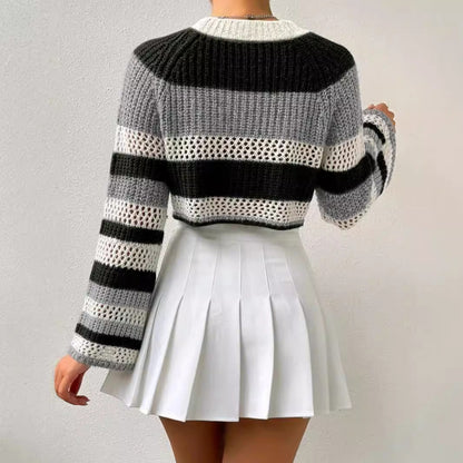 Women's Casual Cropped Knit Sweater with Mesh Design and Striped Pattern Ivyshape