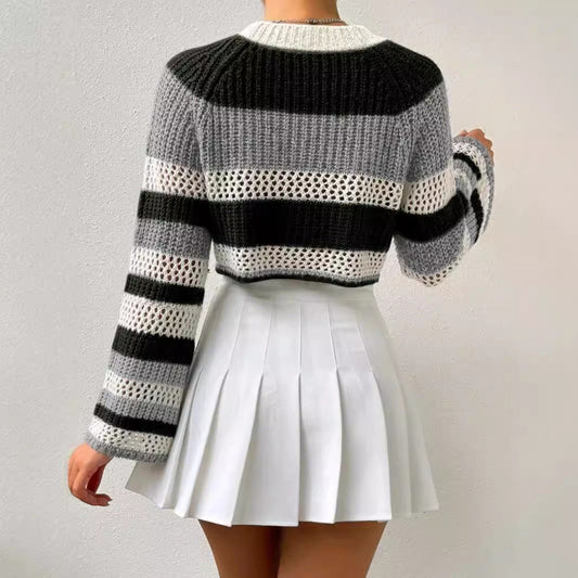 Women's Casual Cropped Knit Sweater with Mesh Design and Striped Pattern Ivyshape