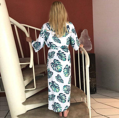 Women's beach kimono with modern leaf pattern and side slit Ivyshape