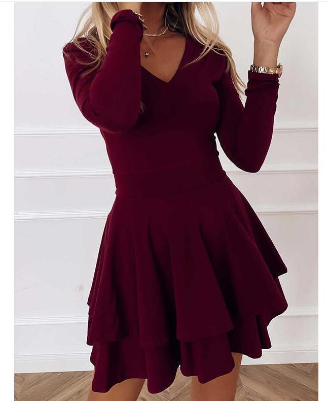 Ladies V-neck dress with ruffles and long sleeves Ivyshape