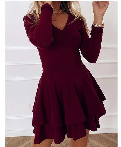 Ladies V-neck dress with ruffles and long sleeves Ivyshape