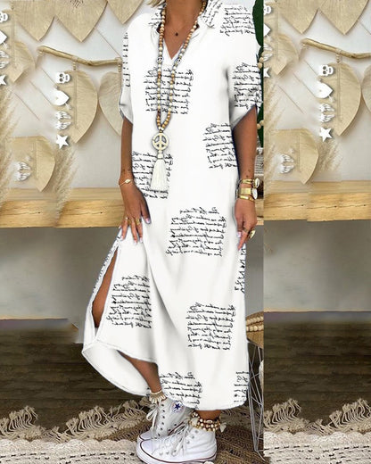 Ladies Long Sleeve Dress with Elegant Schrift Pattern and Side Slits Ivyshape