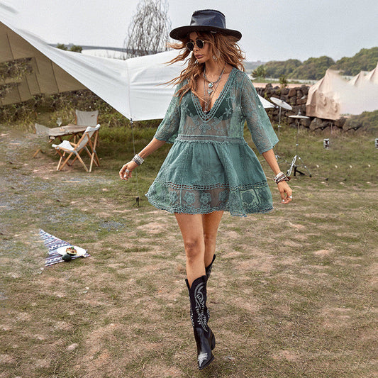 Ladies short crochet dress with deep V-neck and playful design Ivyshape