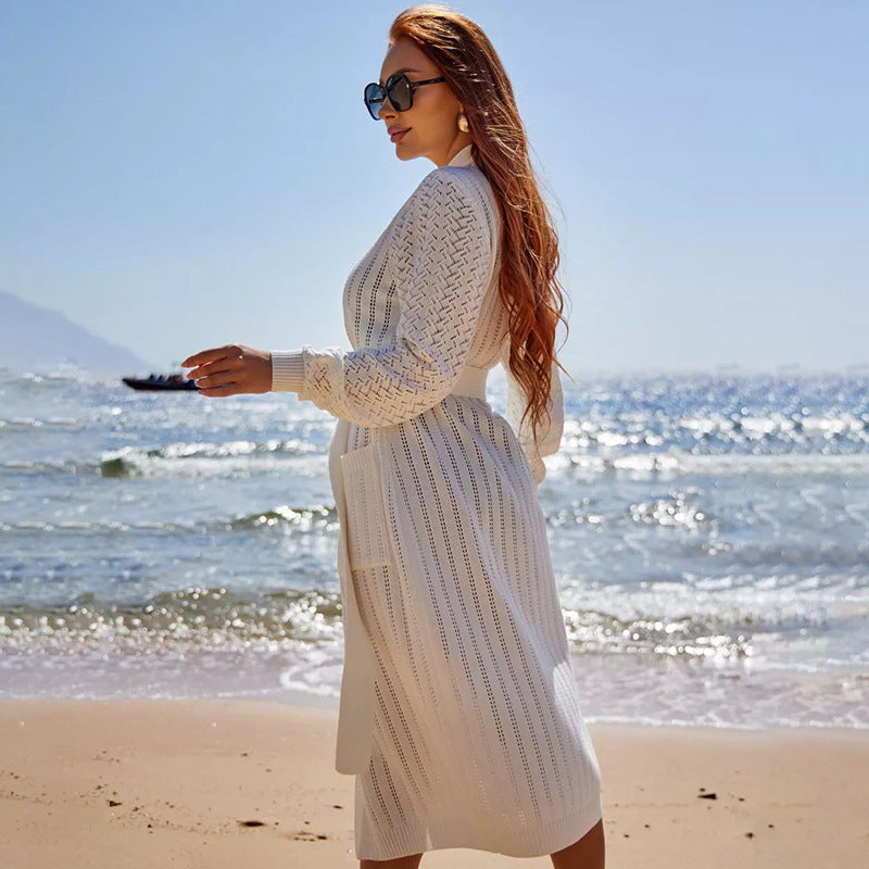 Women's knitted coat with intricate embroidery and modern button design Ivyshape