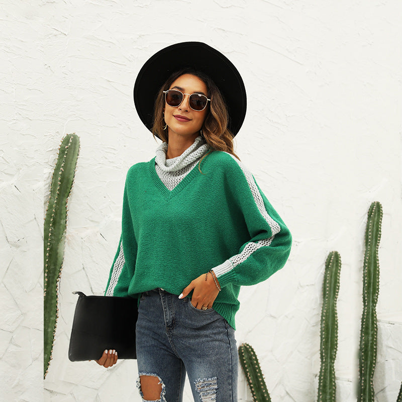Women Trendy Sweater with High Collar and Wide Stripes Ivyshape