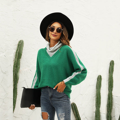 Women Trendy Sweater with High Collar and Wide Stripes Ivyshape
