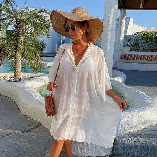 Ladies transparent beach coat with casual cut and generous sleeves Ivyshape