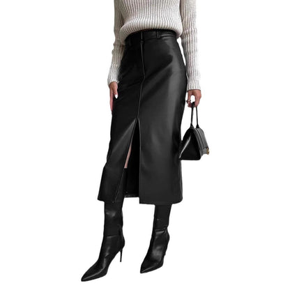 Women Sophisticated High Slit Faux Leather Midi Skirt Ivyshape