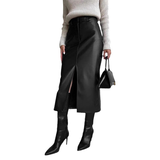 Women Sophisticated High Slit Faux Leather Midi Skirt Ivyshape