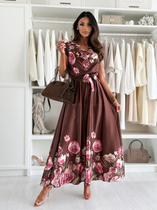 Women's maxi dress with floral accents and elegant wrap design Ivyshape