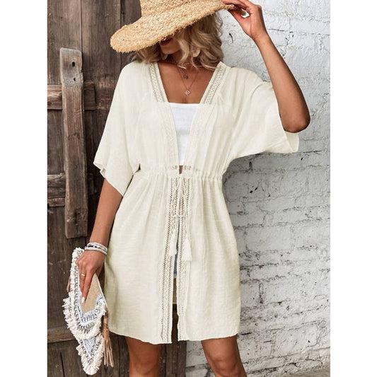 Women's beach tunic with elegant tie belt and lace accents Ivyshape