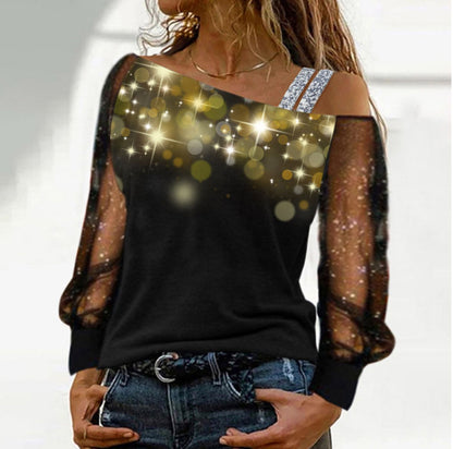 Women's Off-Shoulder Top with Transparent Sleeves and Sparkling Details Ivyshape