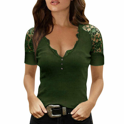 Women's Lace Trim V-Neck Blouse Ivyshape
