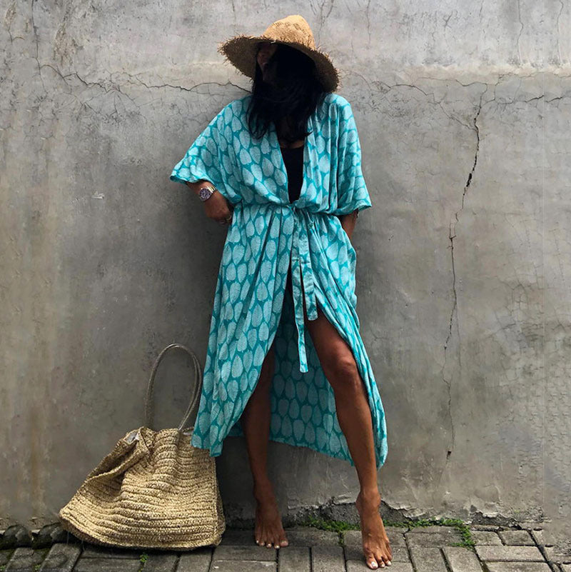 Women's Beach Kimono with Airy Cut and Festive Leaf Design Ivyshape