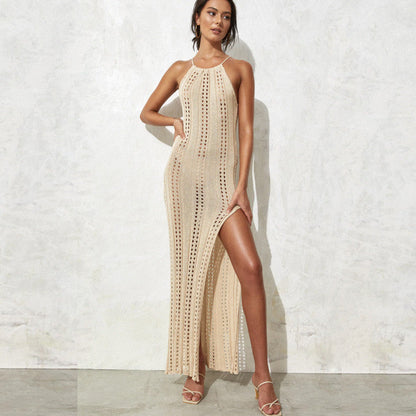 Women's Transparent Crochet Beach Robe with High Slit Ivyshape