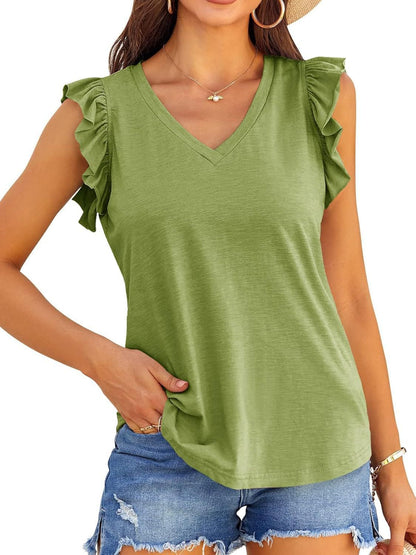 Women V-neck Ruffle Sleeve Top Ivyshape