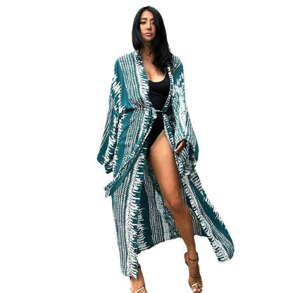 Women's Beach Kimono with Artistic Ikat Pattern and Side Slit Ivyshape