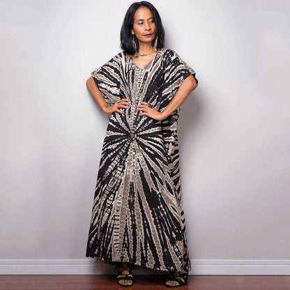 Women’s maxi dress in a colorful style with a V-neck and side slits Ivyshape