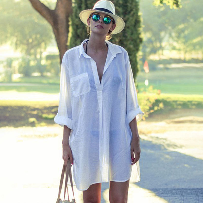Ladies casual beach blouse with deep V-neck and long sleeves Ivyshape
