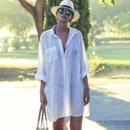 Ladies casual beach blouse with deep V-neck and long sleeves Ivyshape