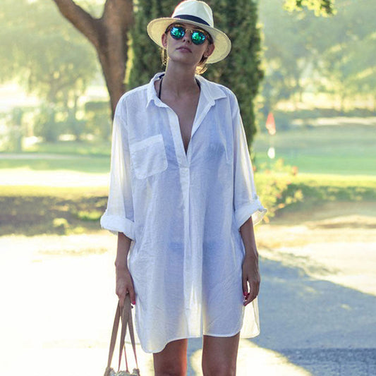 Ladies casual beach blouse with deep V-neck and long sleeves Ivyshape