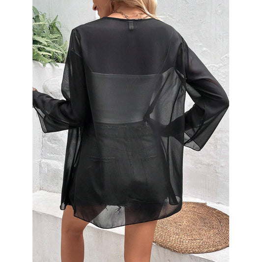 Ladies Transparent Beach Jacket with Loose-Fitting Sleeves and Pockets Ivyshape
