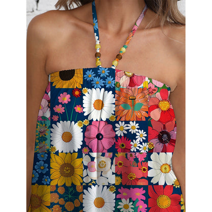Ladies summer jumpsuit with colorful floral pattern and stylish strap design Ivyshape