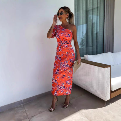 Women Elegant One-Shoulder Maxi Dress with Puff Sleeves and Striking Pattern Ivyshape