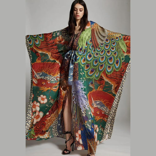 Ladies elegant kimono-style beach cover-up with intricate pattern and deep V-neck Ivyshape