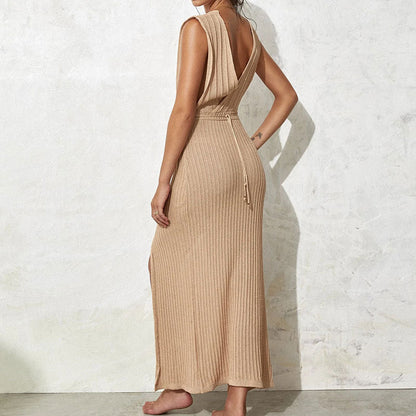 Women’s knitted max dress with deep V-neck and side slit Ivyshape
