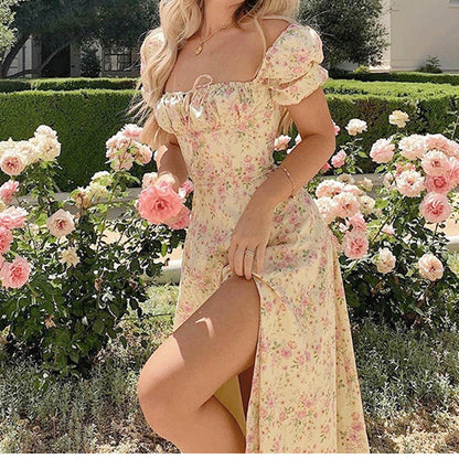 Ladies Flower Puff Sleeve Midi Dress Ivyshape