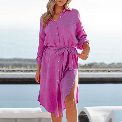 Women's casual shirt dress with waist belt and asymmetrical hem Ivyshape