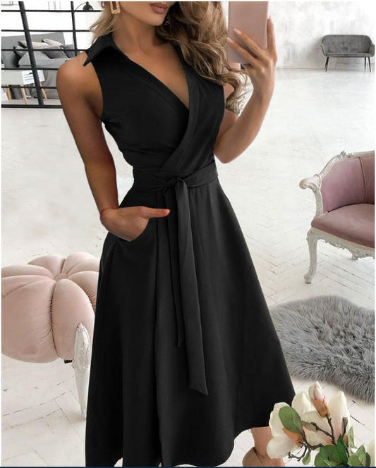 Women’s wrap dress with elegant V-neckline and side waist belt Ivyshape
