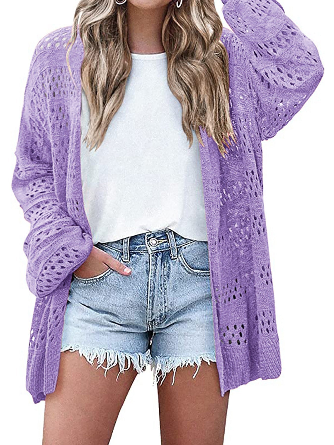 Ladies airy knitted cardigan with crochet pattern Ivyshape