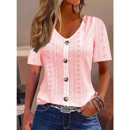 Ladies short sleeve blouse with decorative buttons and lace pattern Ivyshape