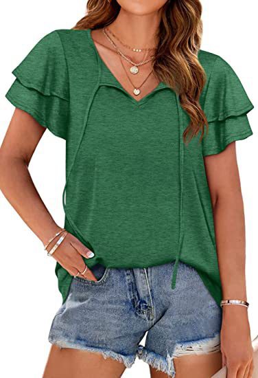 Ladies Casual T-Shirt with Ruffle Cut Ivyshape