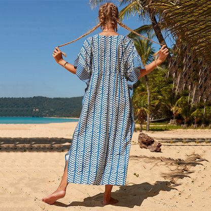 Women's beach kaftan with modern tropical design and tie belt Ivyshape