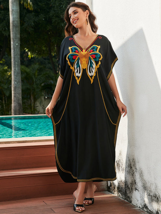 Women's spacious beach kaftan with intricate butterfly pattern and elegant accents Ivyshape