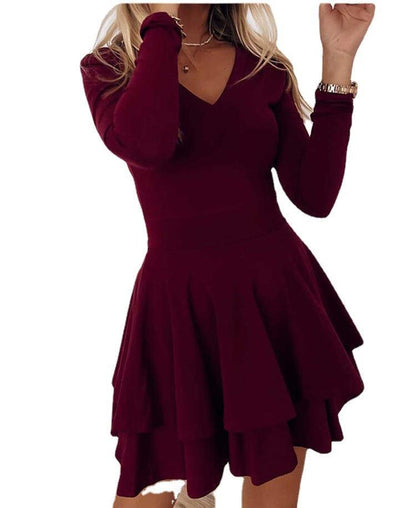 Ladies V-neck dress with ruffles and long sleeves Ivyshape