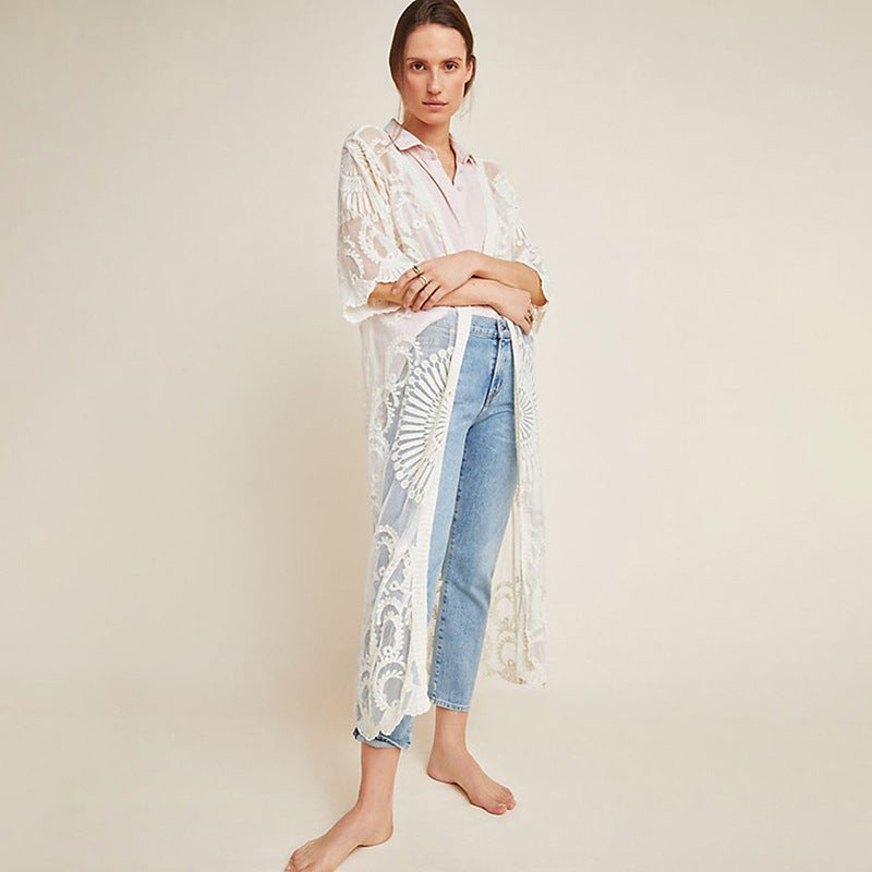 Women's elegant transparent beach coat with elaborate lace embellishment Ivyshape
