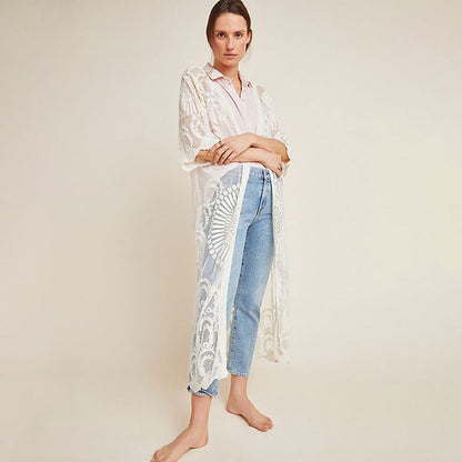 Women's elegant transparent beach coat with elaborate lace embellishment Ivyshape